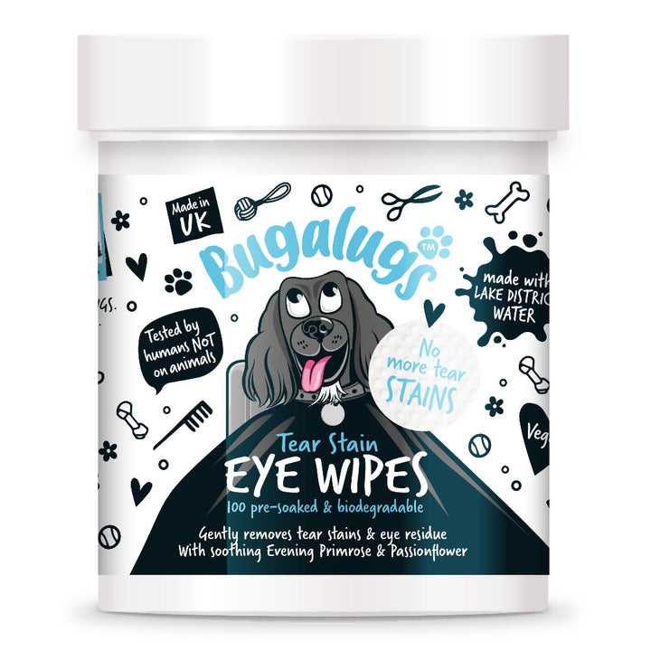 Bugalugs Tear Stain Eye Wipes tub of 100 pre soaked biodegradable wipes