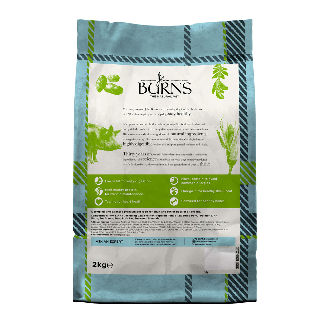Burns Sensitive Pork and Potato 2kg bag, back of pack