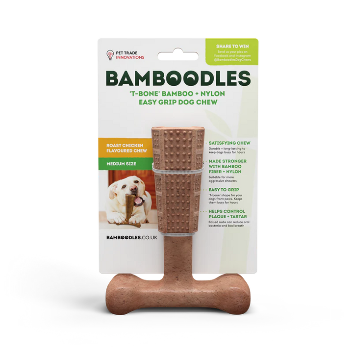 Bamboodles T-Bone bamboo and nylon dog chew, roast chicken flavour, medium size pack