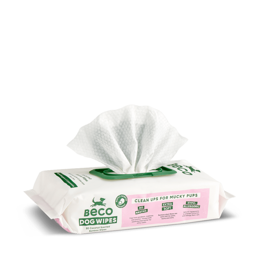 Beco Dog Wipes 80 coconut scented bamboo wipes, current pack design with resealable lid