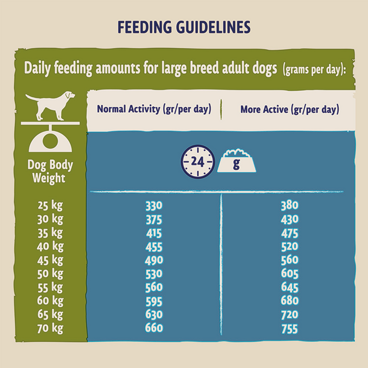 Beta Adult Large Breed feeding guidelines in grams per day for dogs 25kg to 70kg