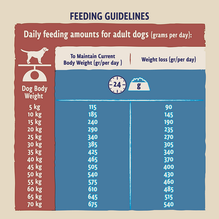 Beta Light Turkey feeding guidelines: daily grams to maintain weight or for weight loss by dog body weight