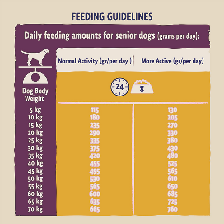 Beta Senior feeding guidelines table: daily grams for 5kg to 70kg senior dogs, normal and more active
