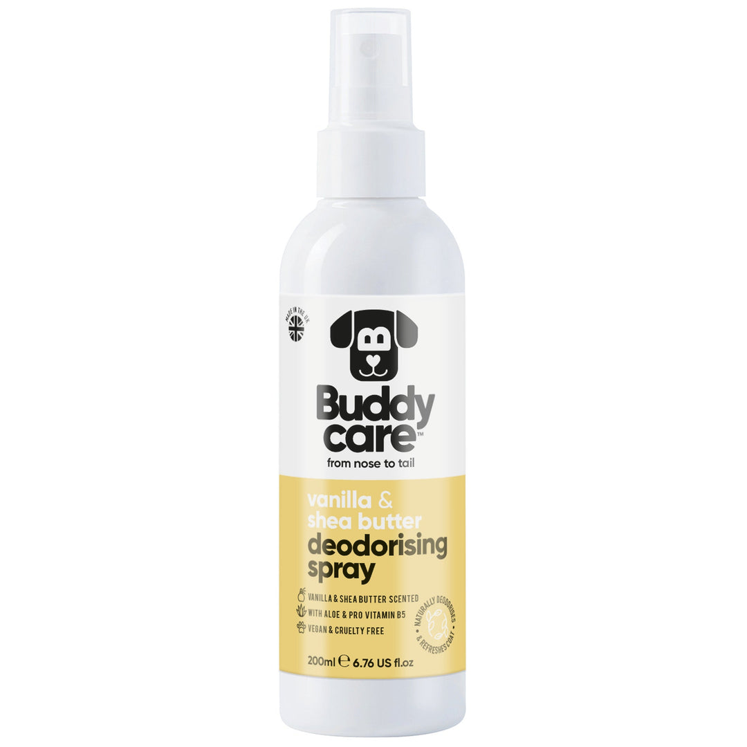 Buddycare Vanilla and Shea Butter Dog Deodorising Spray 200ml bottle, front