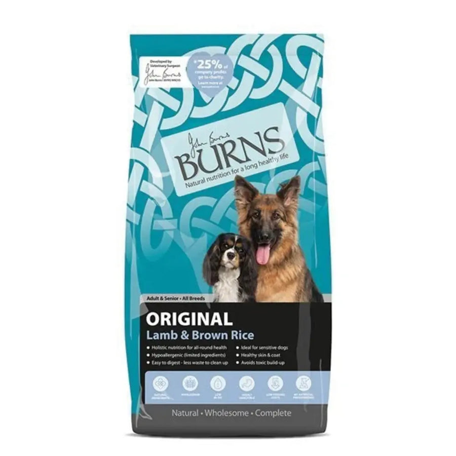 Burns Adult Original Lamb & Rice dog food bag for adult and senior dogs, hypoallergenic formula with natural ingredients.