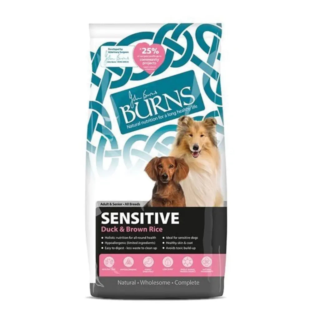 Burns Adult Sensitive Duck & Rice dog food bag for adult and senior dogs, hypoallergenic formula with duck and rice for sensitive digestion.