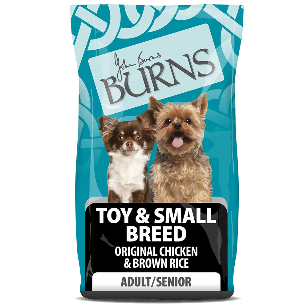 Burns Adult Toy and Small Dog Chicken & Rice dog food bag for adult and senior small breed dogs, hypoallergenic formula with natural ingredients.