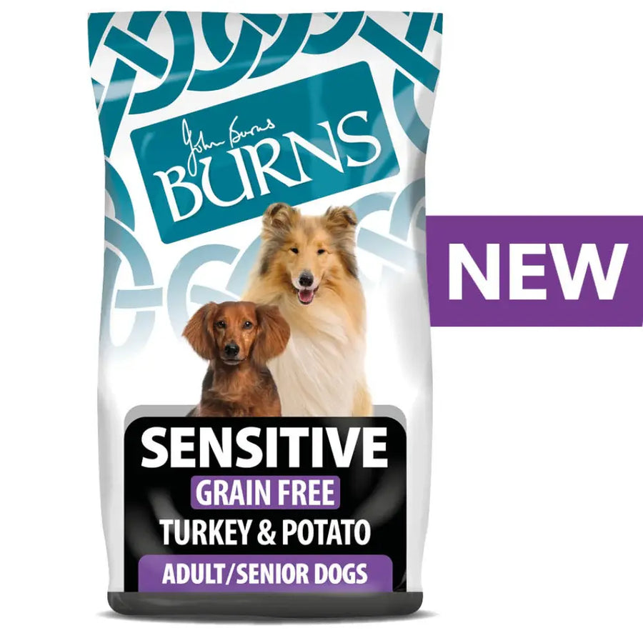 Burns Grain Free Turkey & Potato dry dog food for adult and senior dogs, hypoallergenic and grain-free formula in bag packaging.