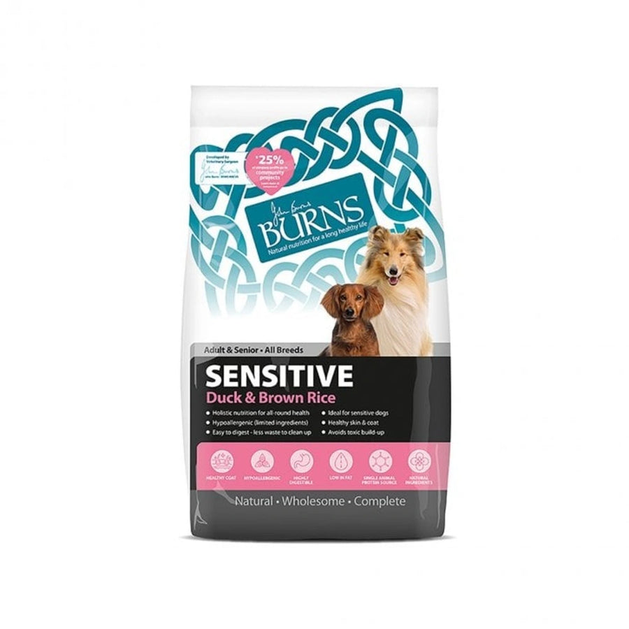 Burns Sensitive Duck & Brown Rice Adult & Senior Dog Food  for sensitive skin and digestion.