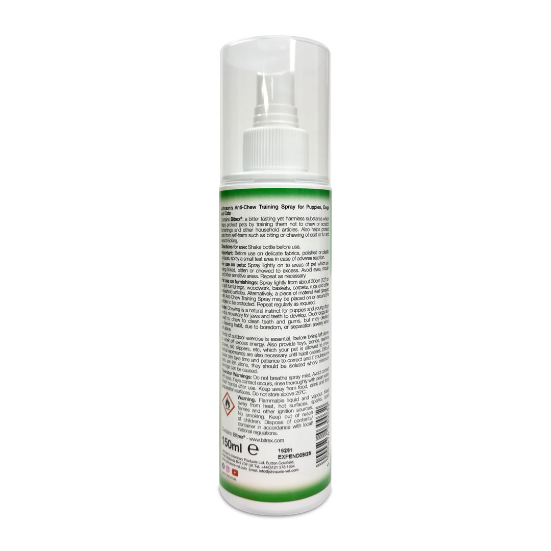 Johnson's Anti Chew Training Spray 150ml back label with directions and warnings