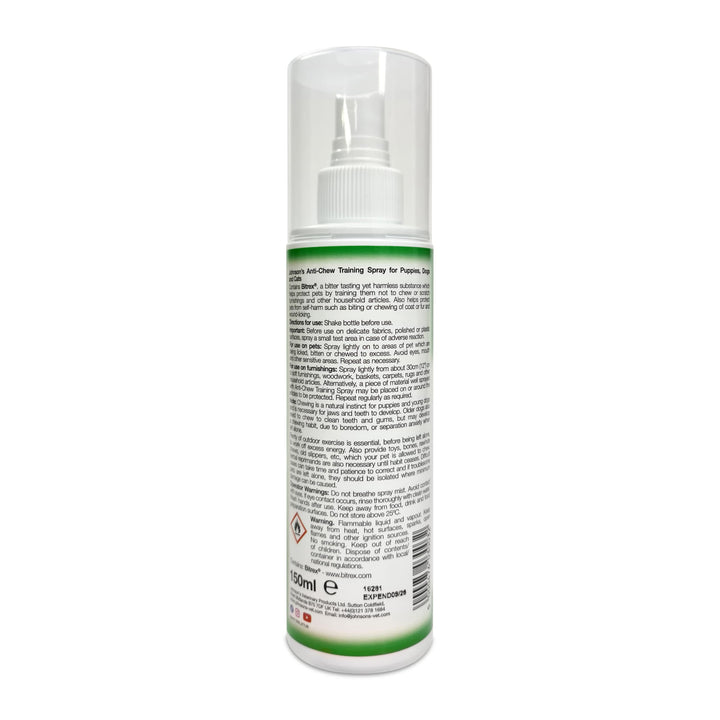 Johnson's Anti Chew Training Spray 150ml back label with directions and warnings