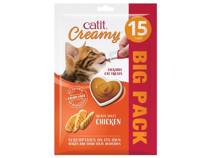 Catit Creamy Chicken lickable cat treats 15 tube big pack, front of pack