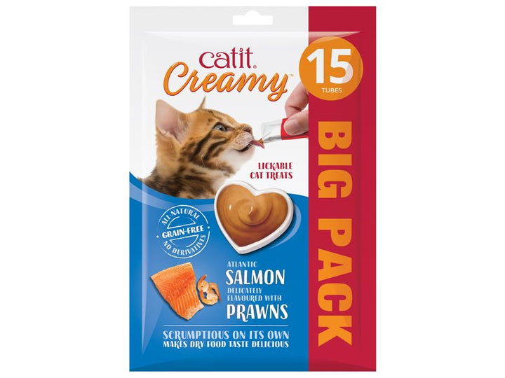 Catit Creamy Salmon & Prawns lickable cat treats 15 pack, front of pack