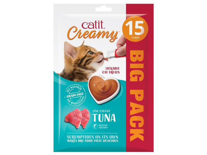 Catit Creamy Tuna lickable cat treats 15 pack, front of pack
