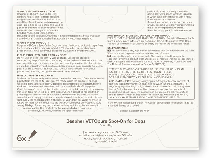 Beaphar Vetopure Natural Spot On For Medium/Large Dog