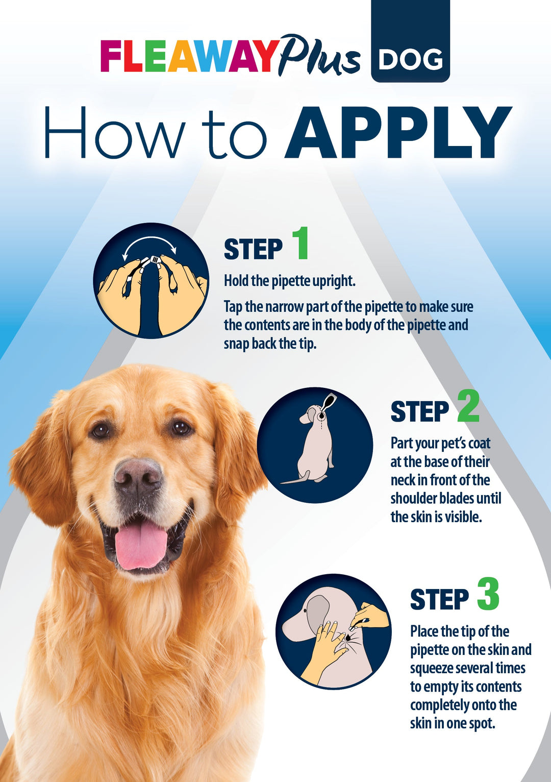 How to apply Fleaway Plus Spot-On for dogs in 3 steps: snap the pipette tip, part the coat at the base of the neck, squeeze onto the skin