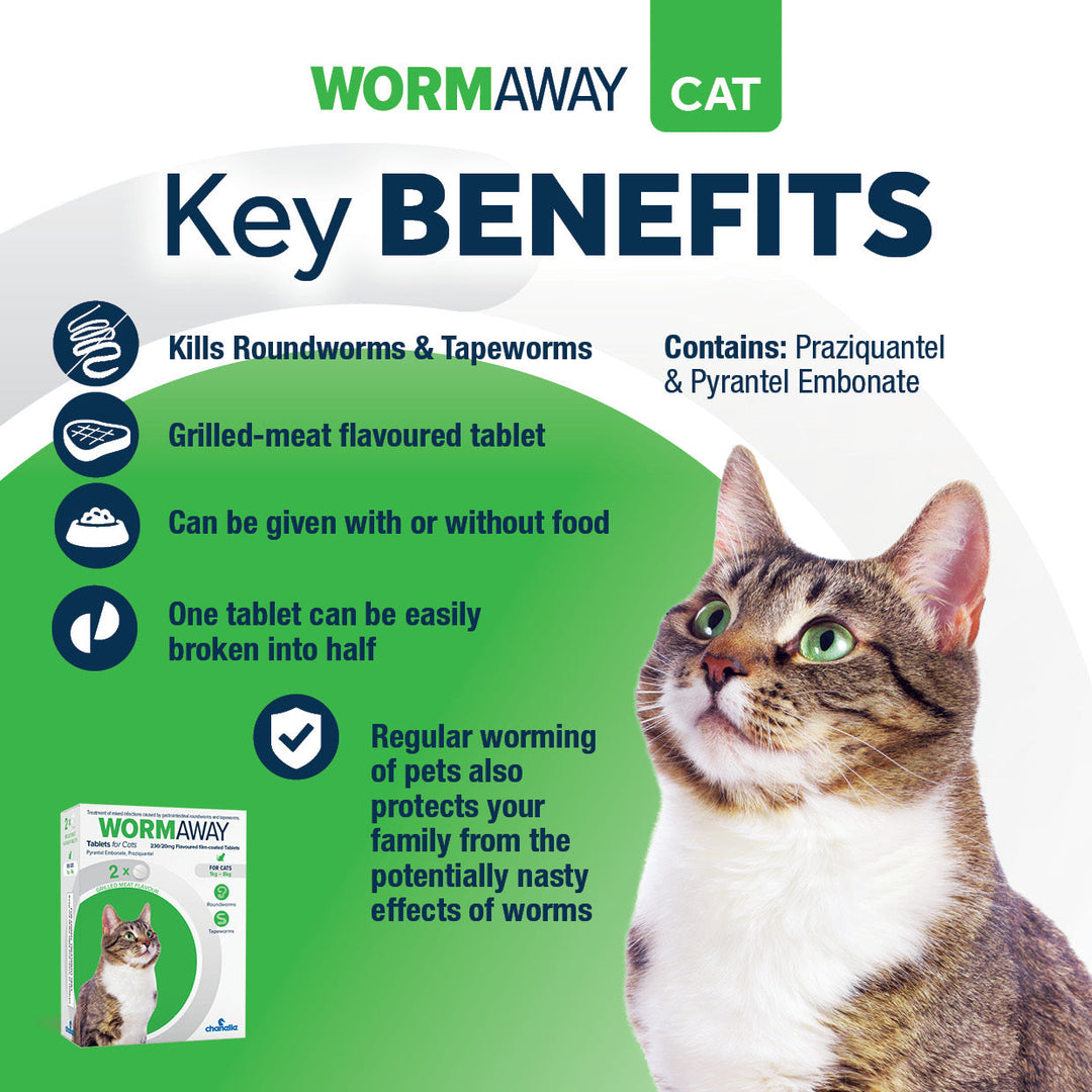 Wormaway for Cats key benefits: treats roundworms and tapeworms, grilled meat flavour tablets