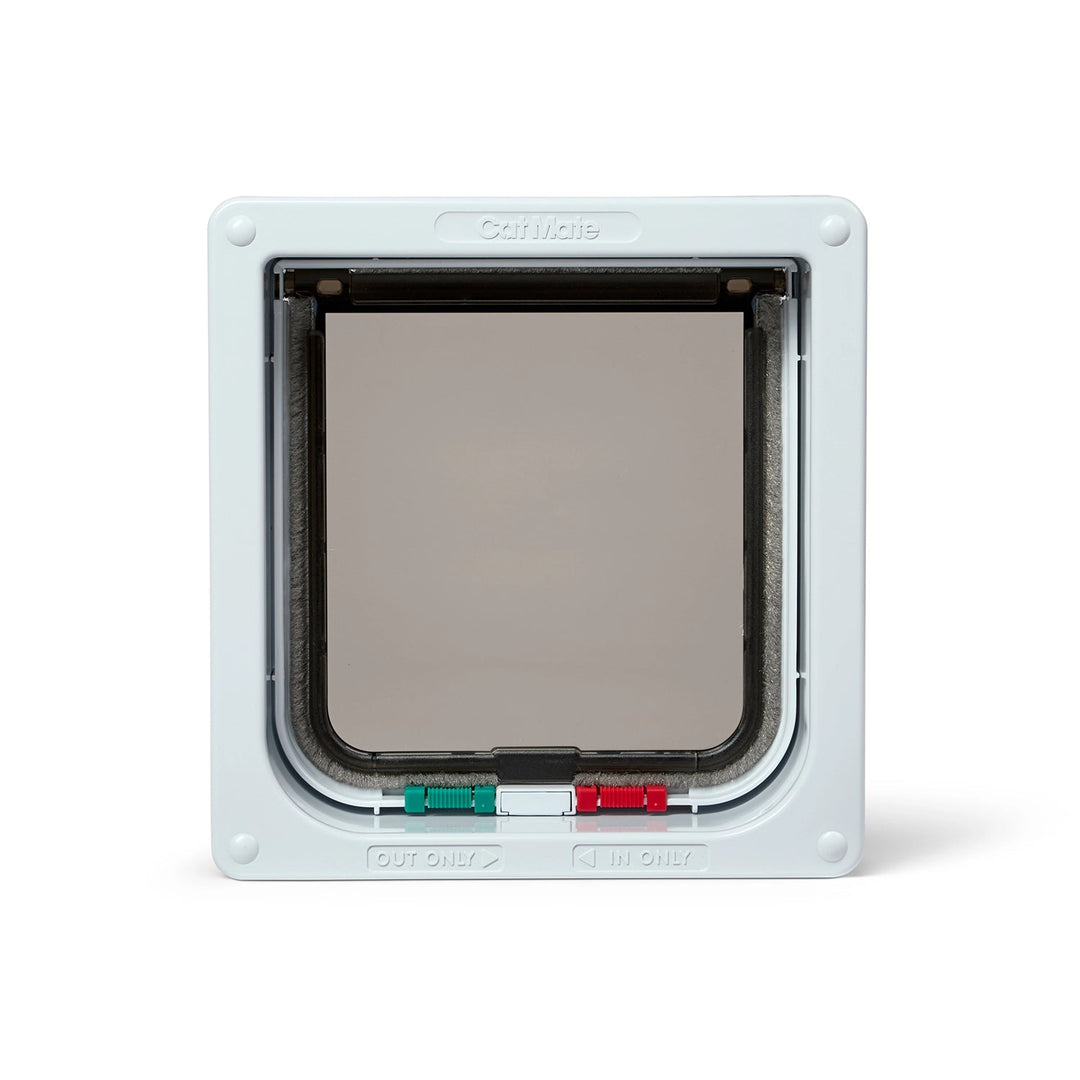 Cat Mate 4 Way Locking Cat Flap 235W white, front view with lock switches