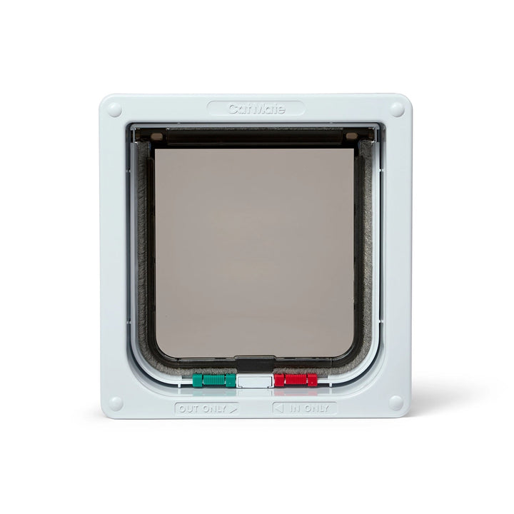 Cat Mate 4 Way Locking Cat Flap 235W white, front view with lock switches
