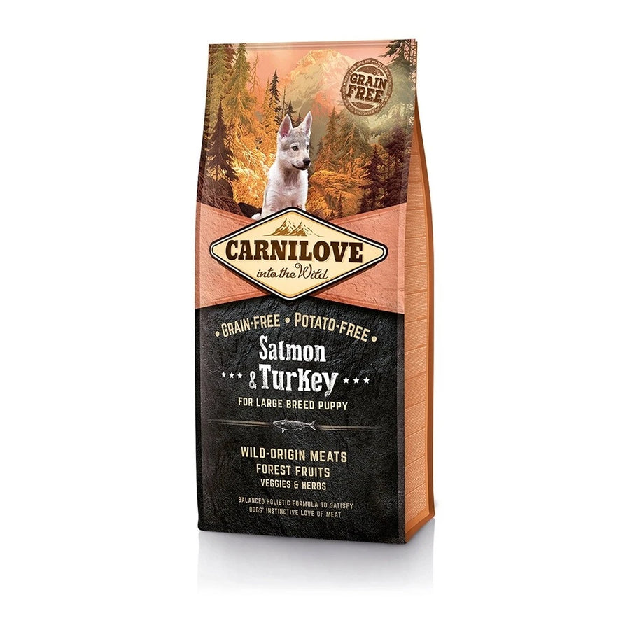 Carnilove Salmon & Turkey for Large Breed Puppies grain free dry dog food bag, front of pack
