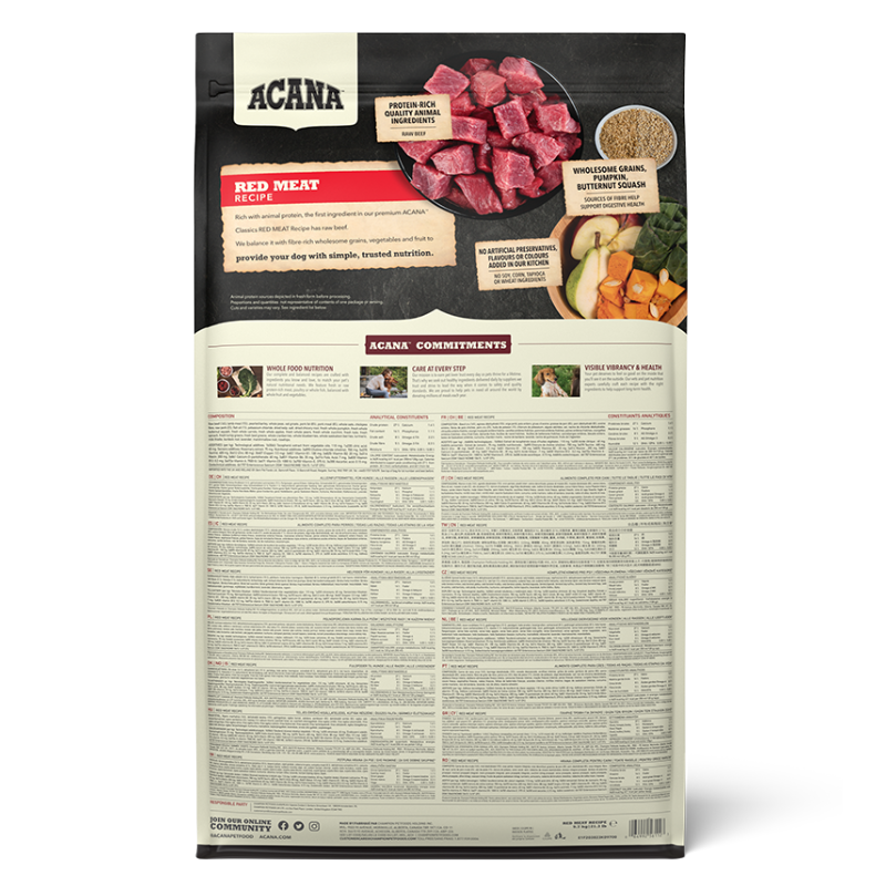 ACANA Classics Red Meat Recipe dry dog food bag, back of pack with ingredients and nutrition information