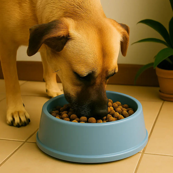 dog with food bowl 