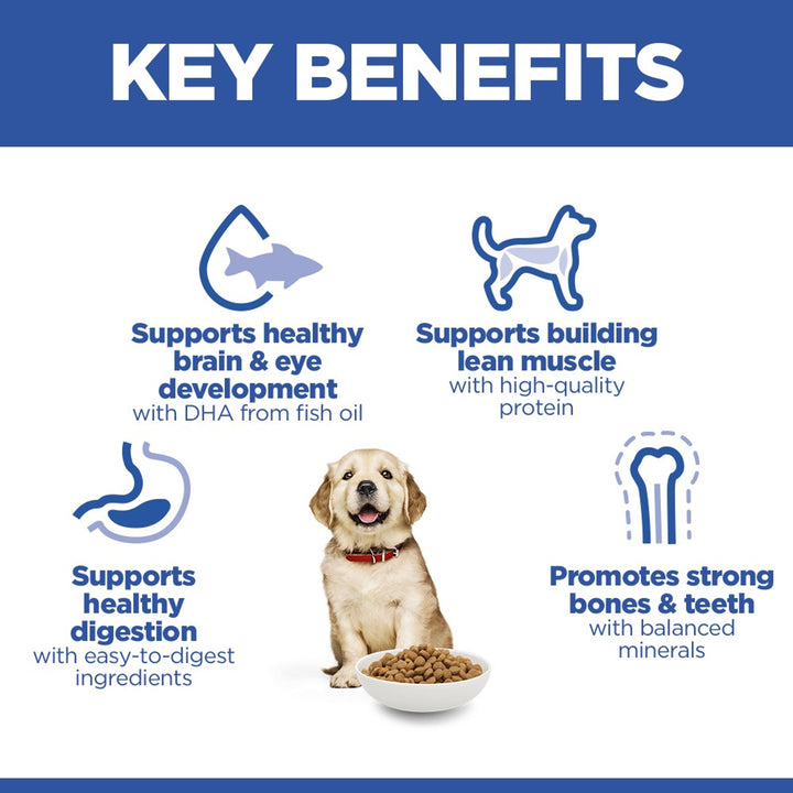Hill's Science Plan Large Breed Puppy key benefits: brain and eye development, lean muscle, digestion, strong bones and teeth