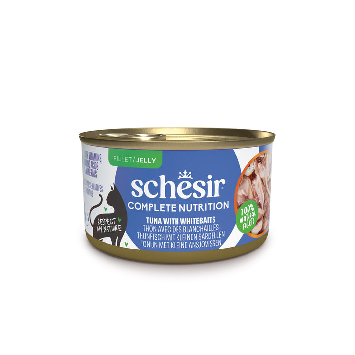Schesir Complete Nutrition Tuna with Whitebaits in Jelly 85g can, front
