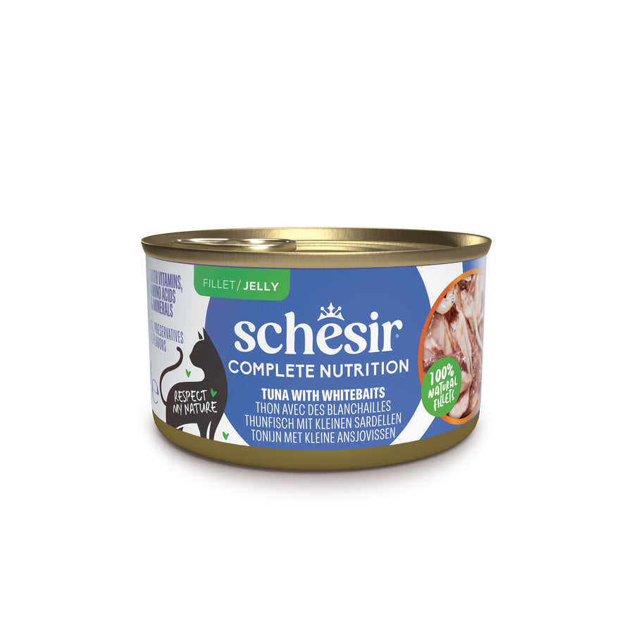 Schesir Complete Nutrition Tuna with Whitebaits in Jelly 85g can, front
