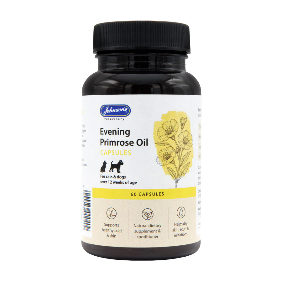 Johnson's Evening Primrose Oil Capsules for cats and dogs, 60 capsule tub, front