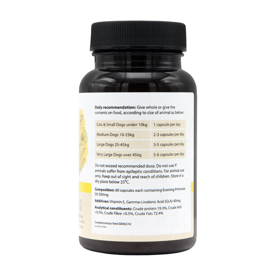 Johnson's Evening Primrose Oil Capsules label with daily dosage guide, composition and analytical constituents