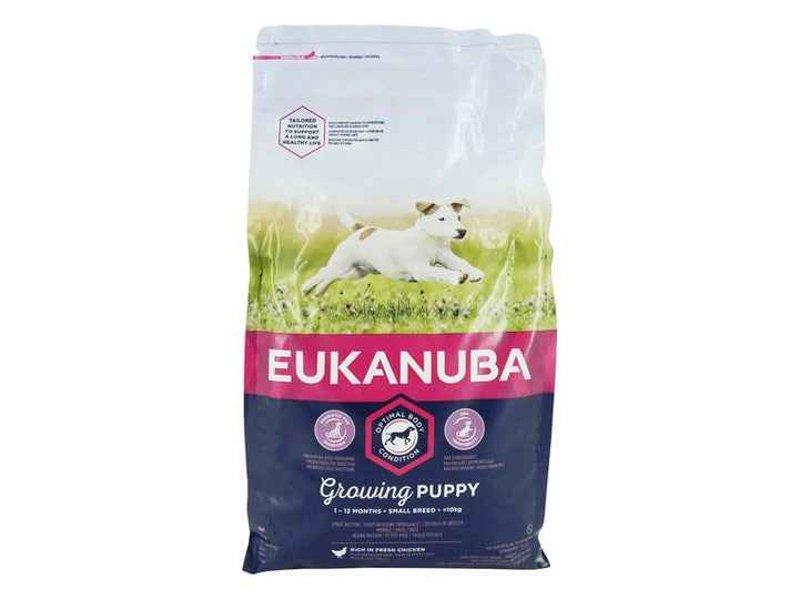 Eukanuba Puppy Small Breed Chicken dry dog food bag, front of pack