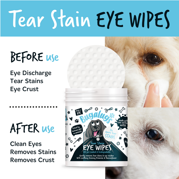 Bugalugs Tear Stain Eye Wipes before and after use on a dog's eye