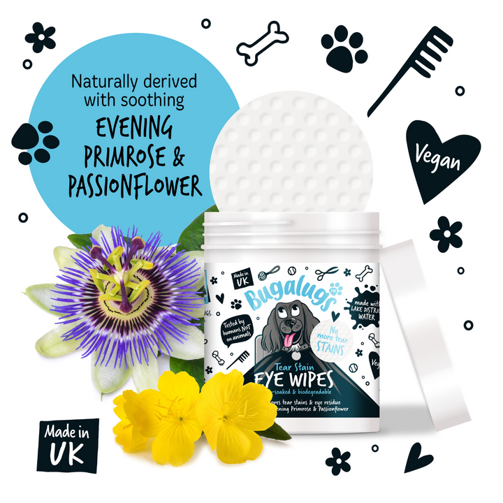Bugalugs Tear Stain Eye Wipes tub with evening primrose and passionflower