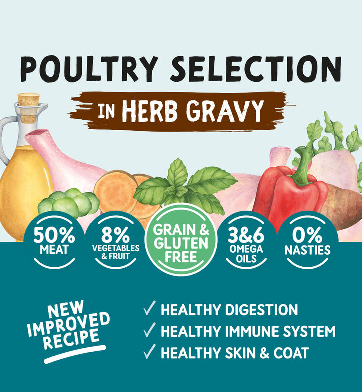 Naturo Poultry Selection in Herb Gravy: 50% meat, 8% vegetables and fruit, grain and gluten free, 0% nasties