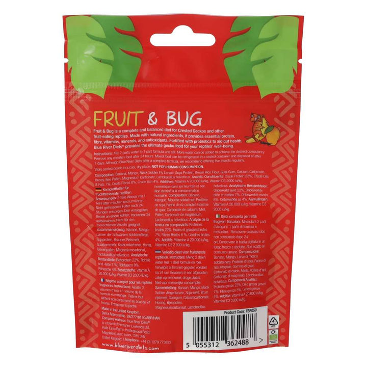 Blue River Diets Fruit and Bug 60g pouch, back with ingredients and mixing directions