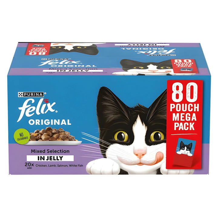Felix Original Mixed Selection in Jelly 80 pouch mega pack: 20 each of chicken, lamb, salmon and white fish