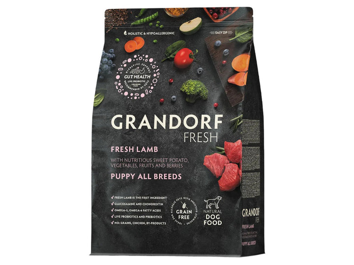 Grandorf Fresh Puppy All Breeds Lamb and Sweet Potato grain free dry dog food bag, front of pack