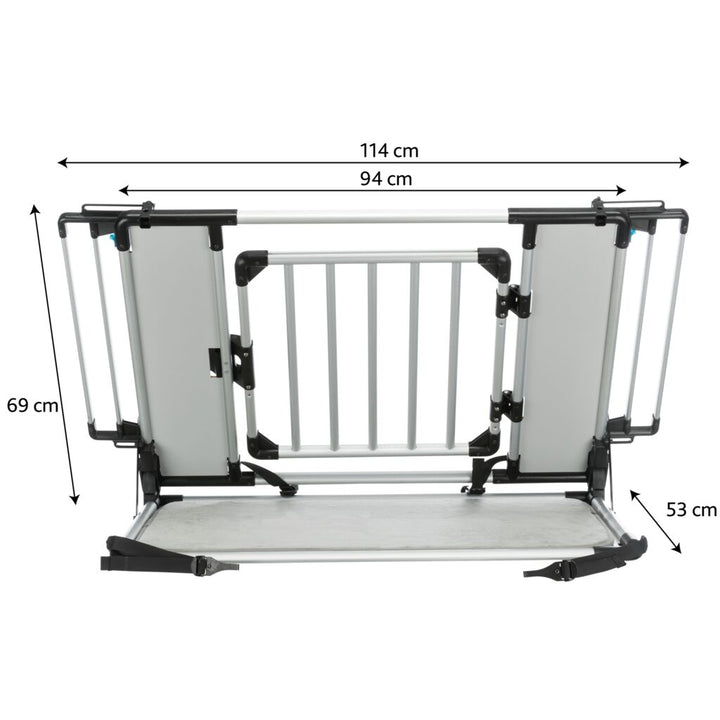 Trixie Universal Rear Car Grid dimensions: 94cm to 114cm wide, 69cm high, 53cm deep