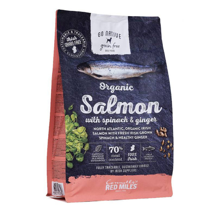 Red Mills Go Native Organic Salmon with Spinach & Ginger grain free dog food bag, front of pack