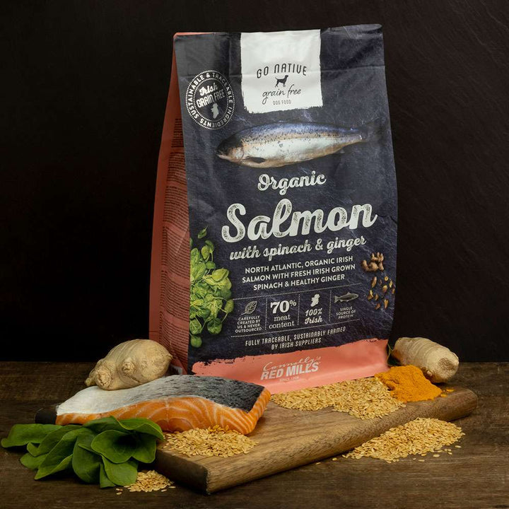 Red Mills Go Native Organic Salmon with Spinach & Ginger bag with fresh salmon, spinach and ginger