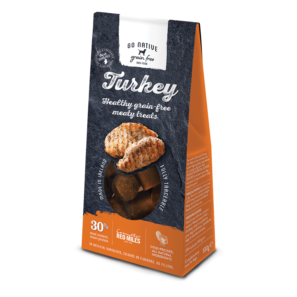Go Native Turkey grain free dog treats 100g pack, front