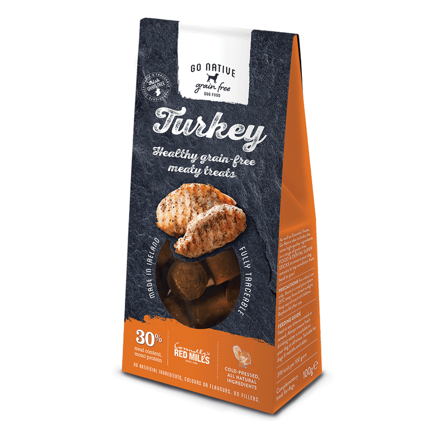 Go Native Turkey grain free dog treats 100g pack, front