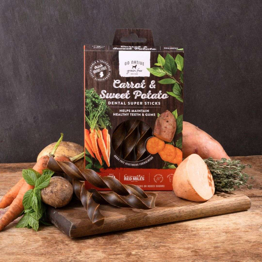 Go Native Carrot & Sweet Potato Dental Super Sticks 150g box with sticks, carrots and sweet potato