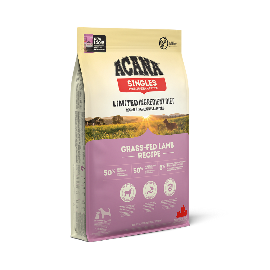 ACANA Singles Limited Ingredient Diet Grass Fed Lamb Recipe dry dog food bag, new pack design, front