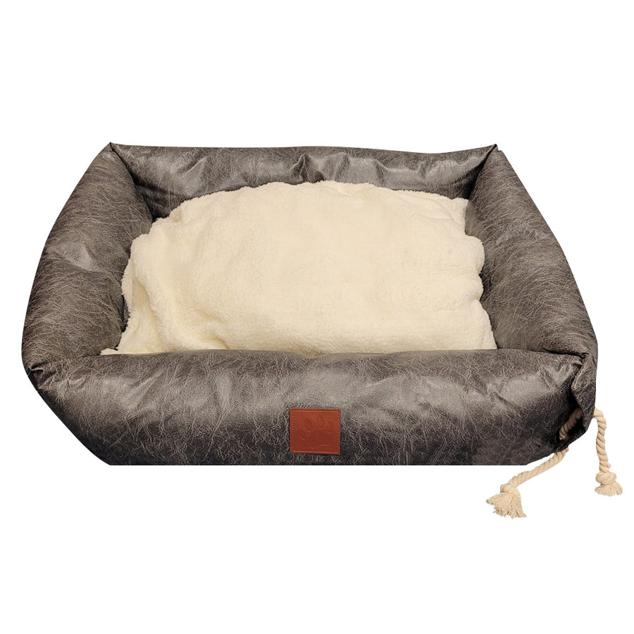 Plush Dog Bed Grey with soft cream cushion and rope detail, front view