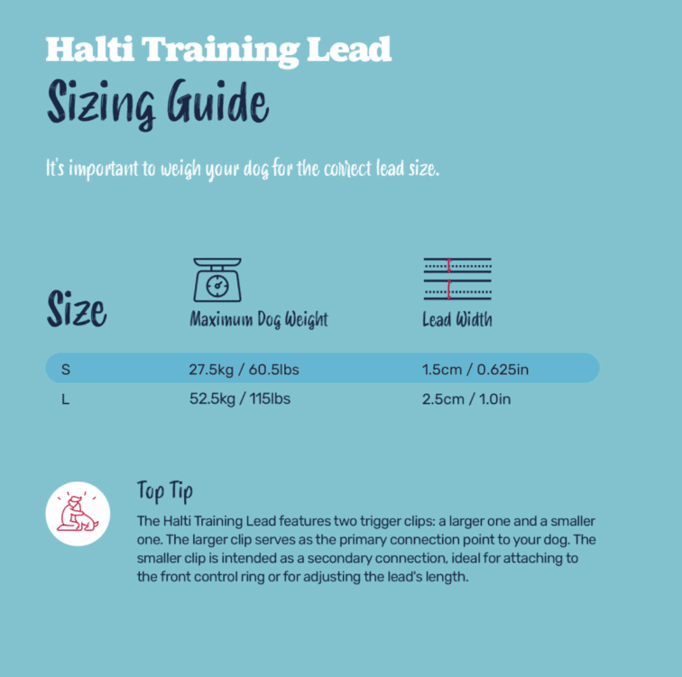 Halti Training Lead sizing guide: Small for dogs up to 27.5kg, 1.5cm wide; Large for dogs up to 52.5kg, 2.5cm wide