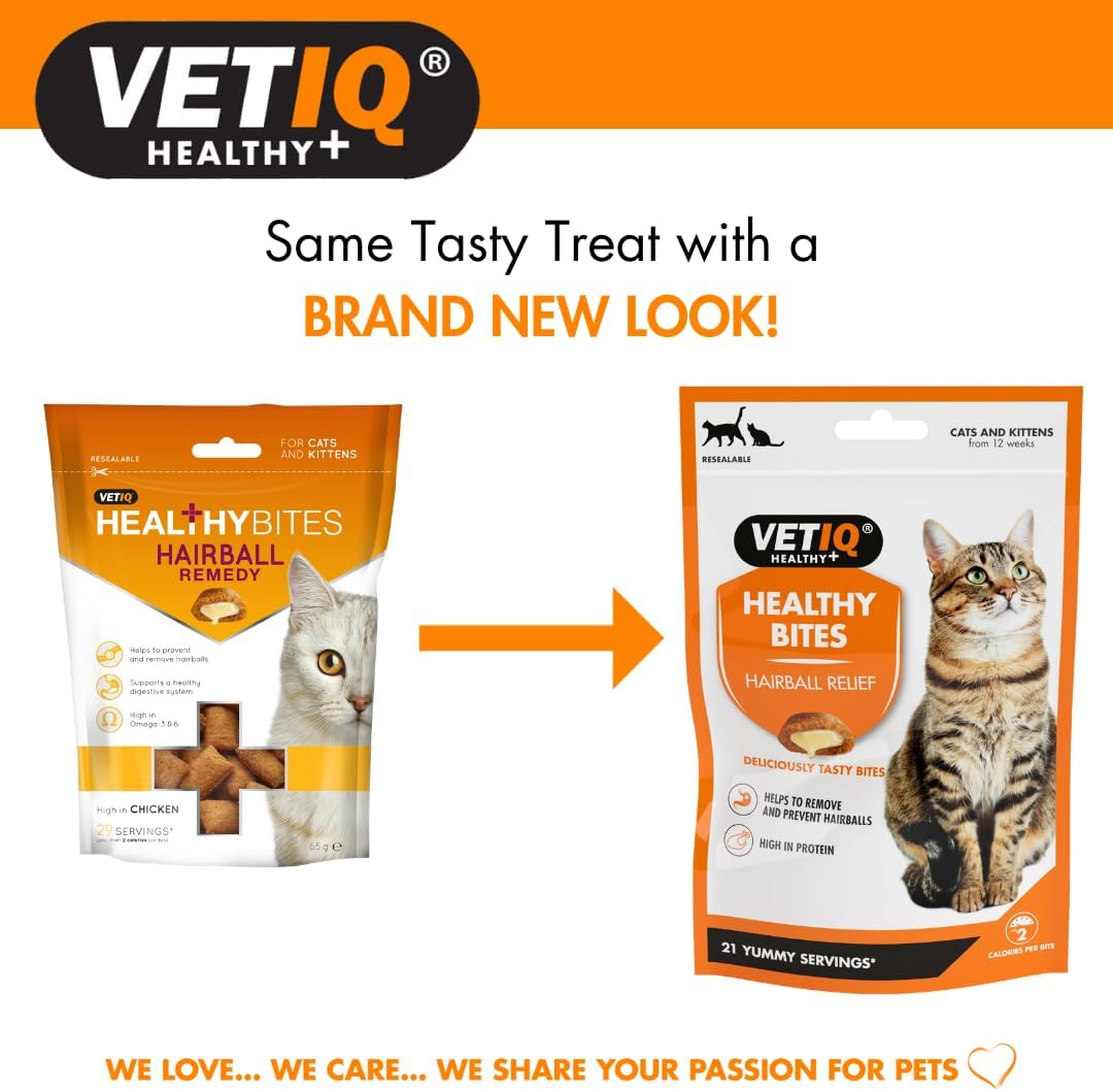 VetIQ Healthy Bites Hairball Remedy old pack and new Hairball Relief pack: same treat, new look