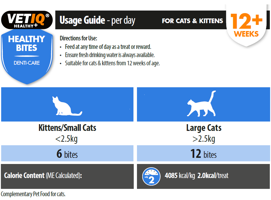 VetIQ Healthy Bites Denti-Care usage guide: 6 bites a day for kittens and small cats, 12 bites for large cats