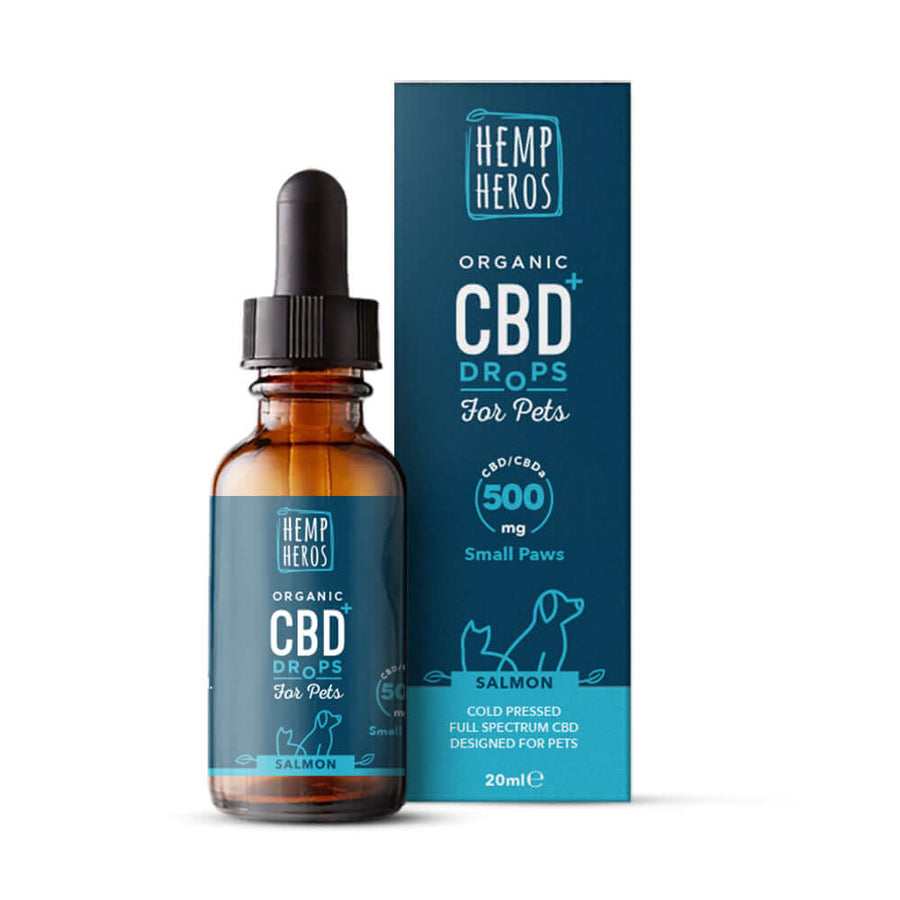 Hemp Heros Organic CBD+ Drops for Pets 500mg Small Paws, salmon, 20ml bottle and box